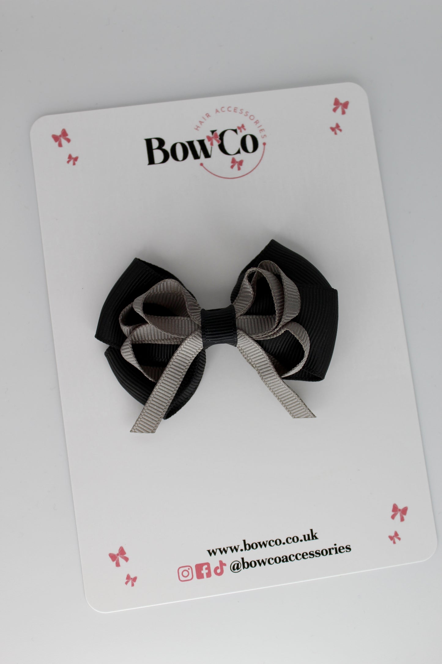 2.5 Inch Double Bow Clip - Black and Metal Grey