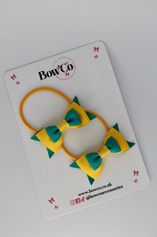 2.5 Inch Butterfly Bow - Elastic - 2 Pack - Jade Green and Yellow Gold
