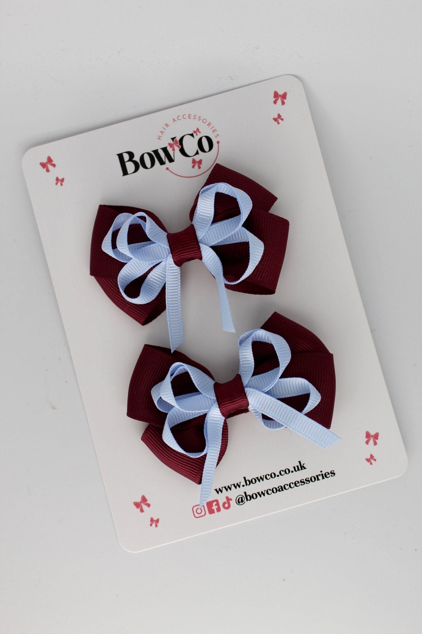 Burgundy and Bluebell - Double Bow Set - Clip