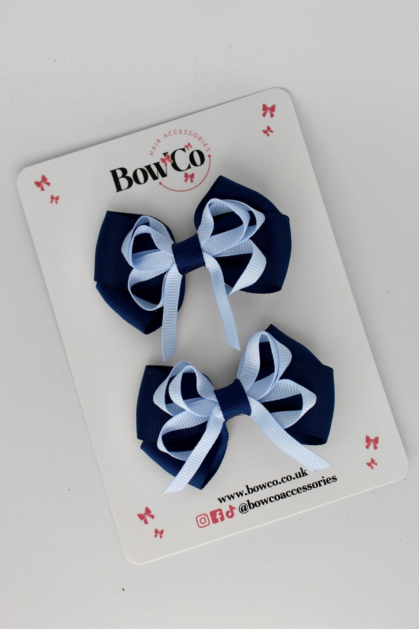 Navy Blue and Bluebell - Double Bow Set - Clip