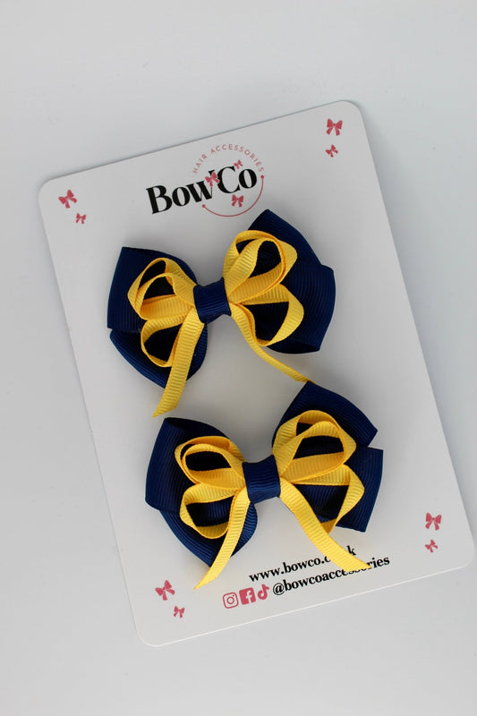 2.5 Inch Double Bow Bobble - 2 Pack - Navy Blue and Yellow Gold