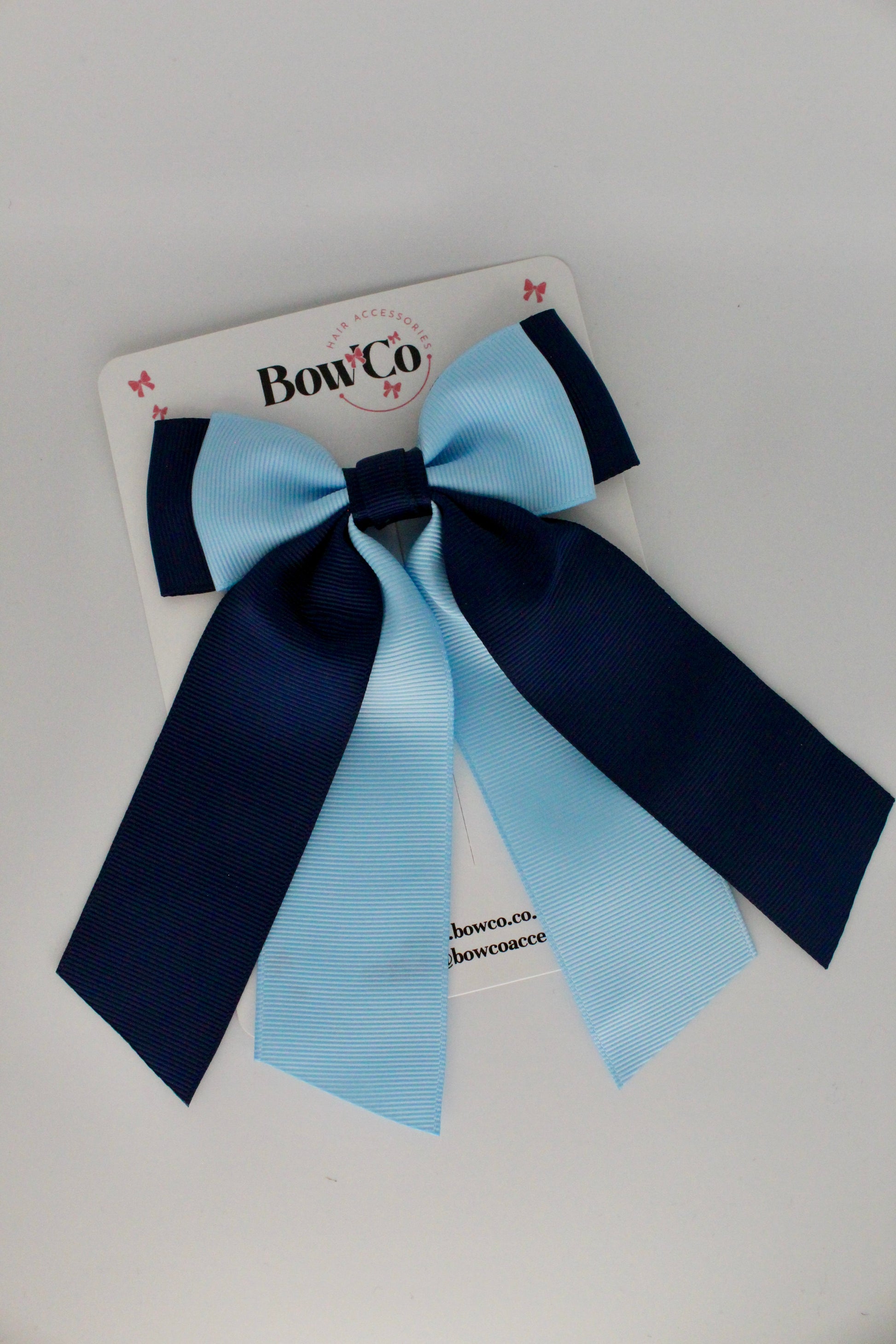 Double Layer Tail Bow - Clip - Navy Blue and Blue Topaz