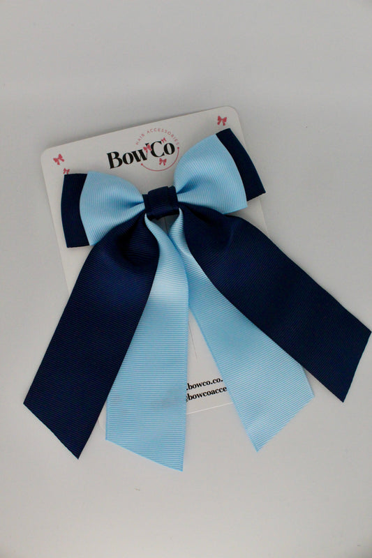 Double Layer Tail Bow - Clip - Navy Blue and Blue Topaz