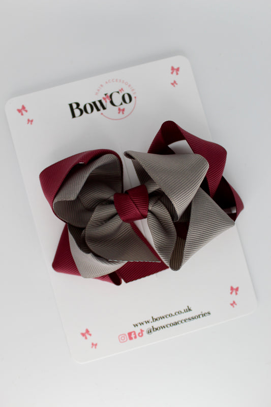Double Loop School Hair Bow - Clip - Burgundy and Metal Grey
