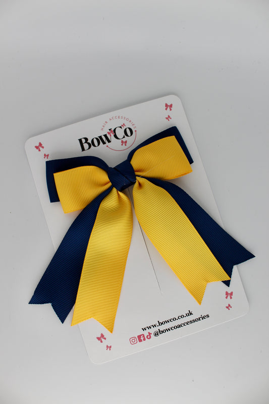 Double Ribbon Tail School Hair Bow – Clip - Navy Blue and Yellow Gold