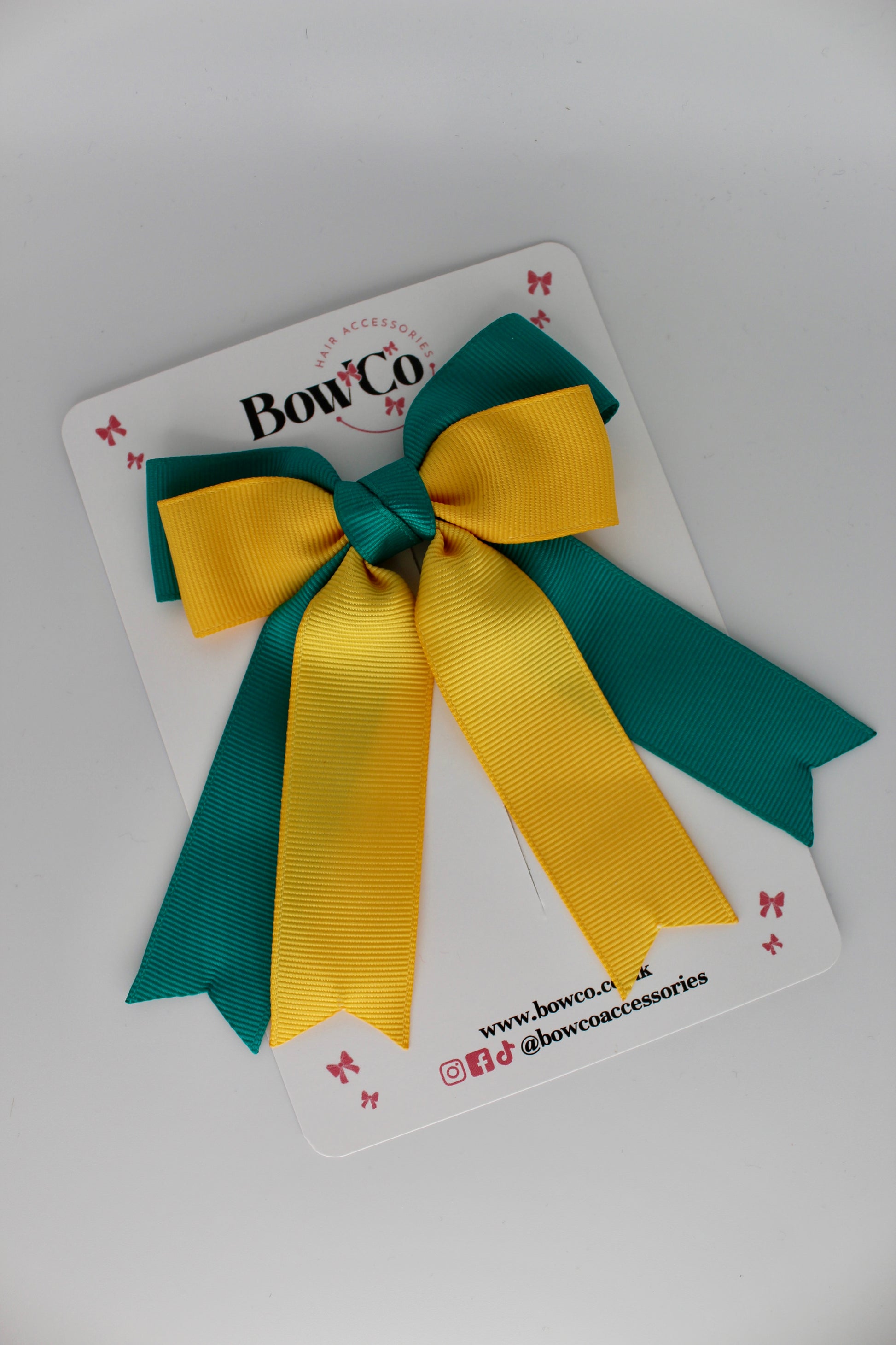 Double Ribbon Tail School Hair Bow – Clip - Jade Green and Yellow Gold