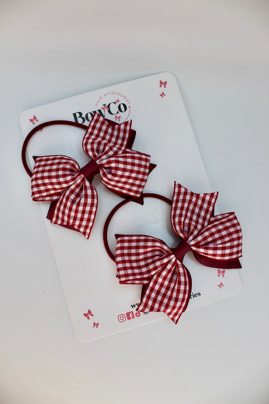 School Bow Burgundy Gingham Layer Tail Bow Set - Elastic