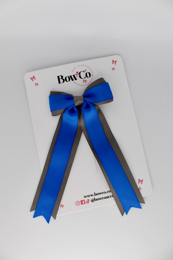 Tuxedo Tails School Hair Bow – Clip - Royal Blue and Metal Grey