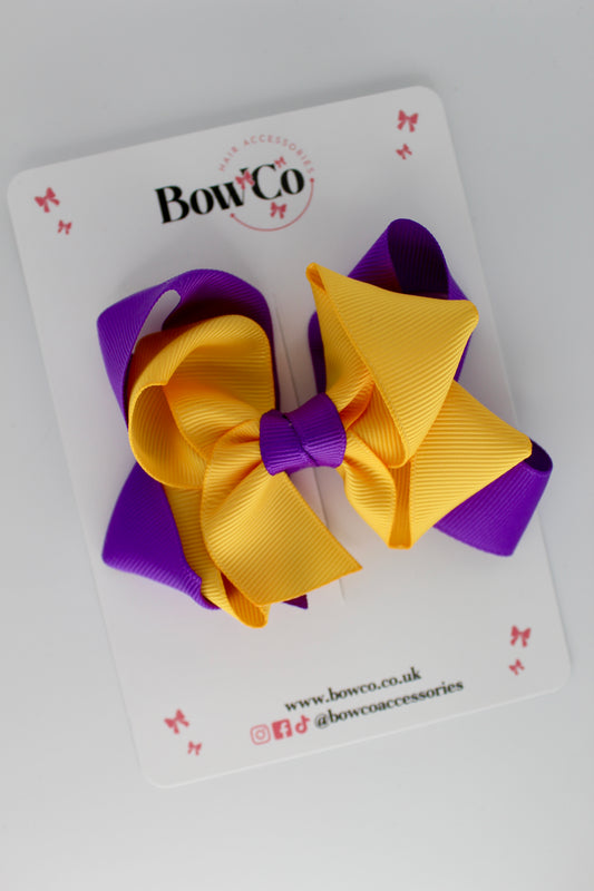 Double Loop School Hair Bow - Clip - Purple and Yellow Gold