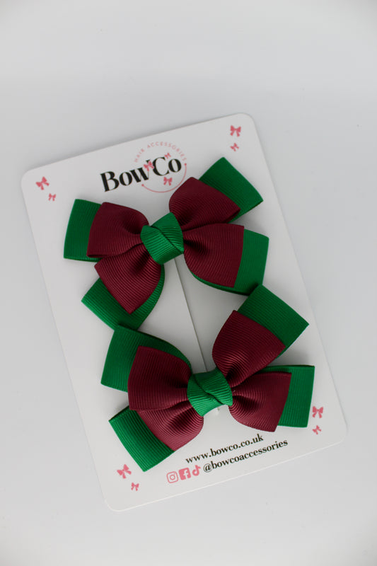 Layer Bow Set - Clip - Forest Green and Burgundy