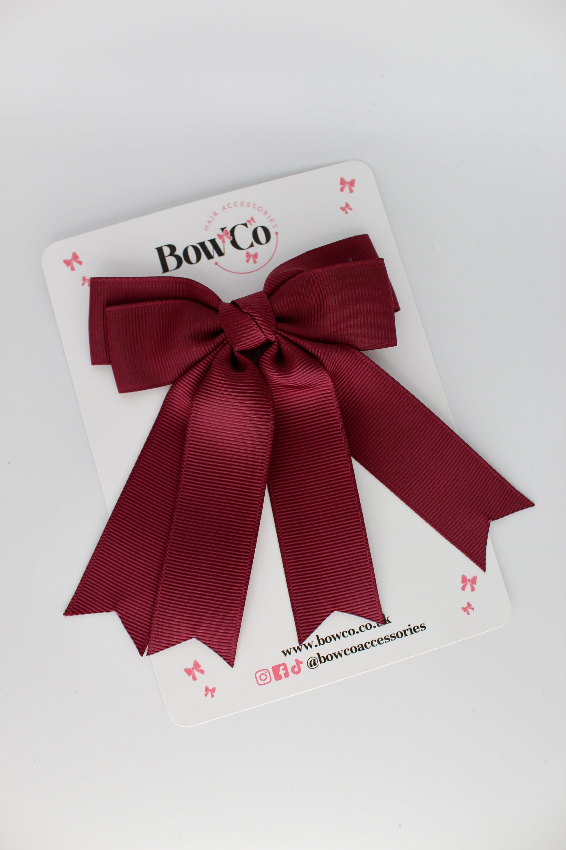 Double Ribbon Tail School Hair Bow – Clip - Burgundy