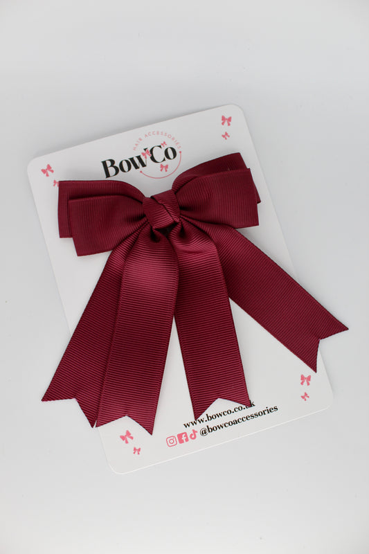 Double Ribbon Tail School Hair Bow – Clip - Burgundy