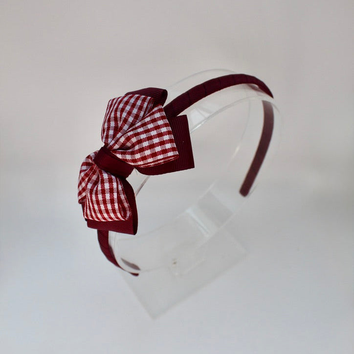 School Hair Accessory - Bow Alice Band - Burgundy Gingham