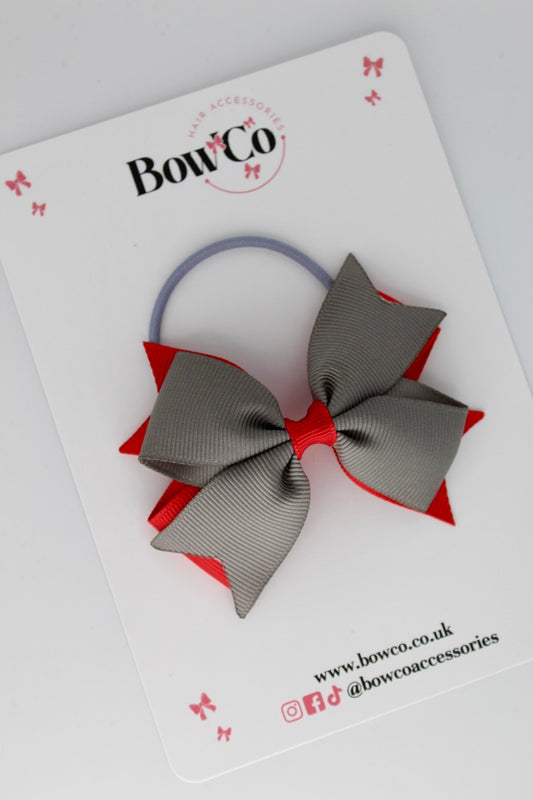 Red and Metal Grey - Layer Tail Bow - Elastic