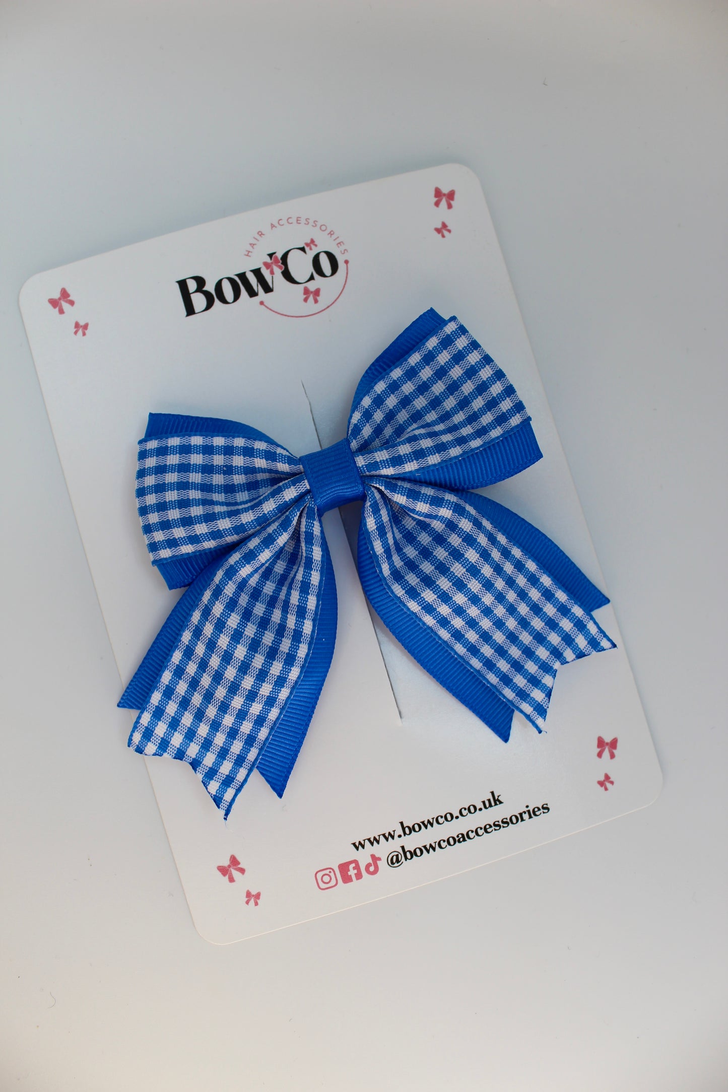 School Royal Blue Gingham Tail Bow Clip
