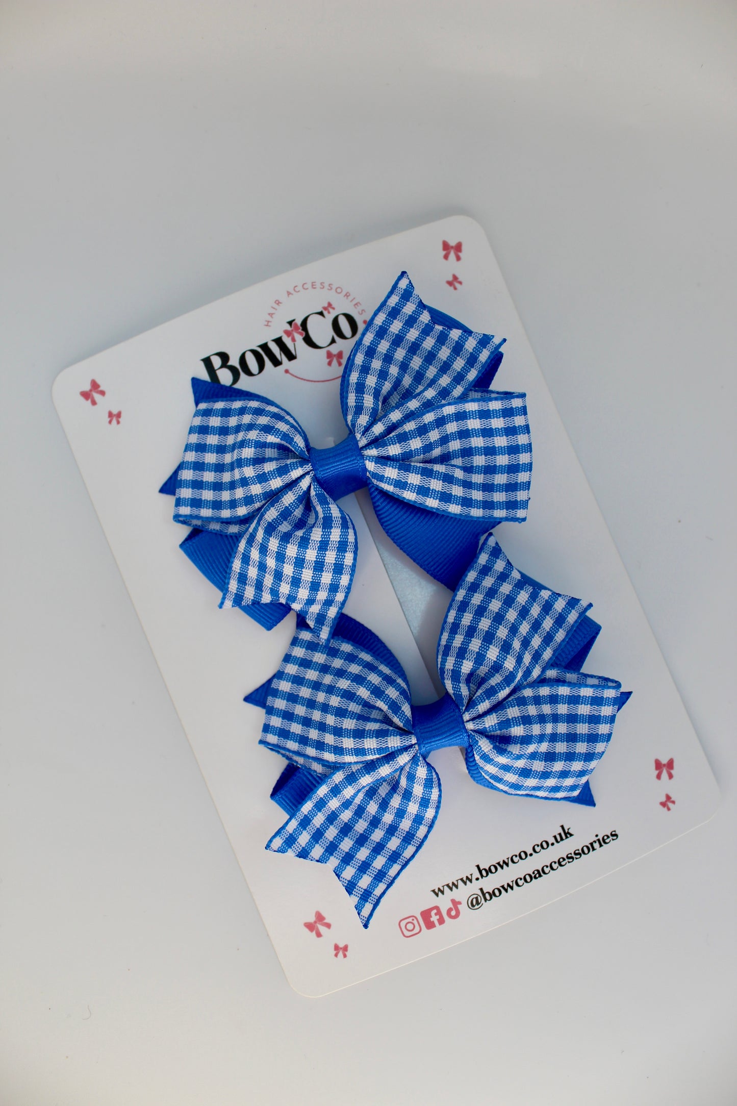 School Royal Blue Gingham Layer Tail Bow Set - Clip