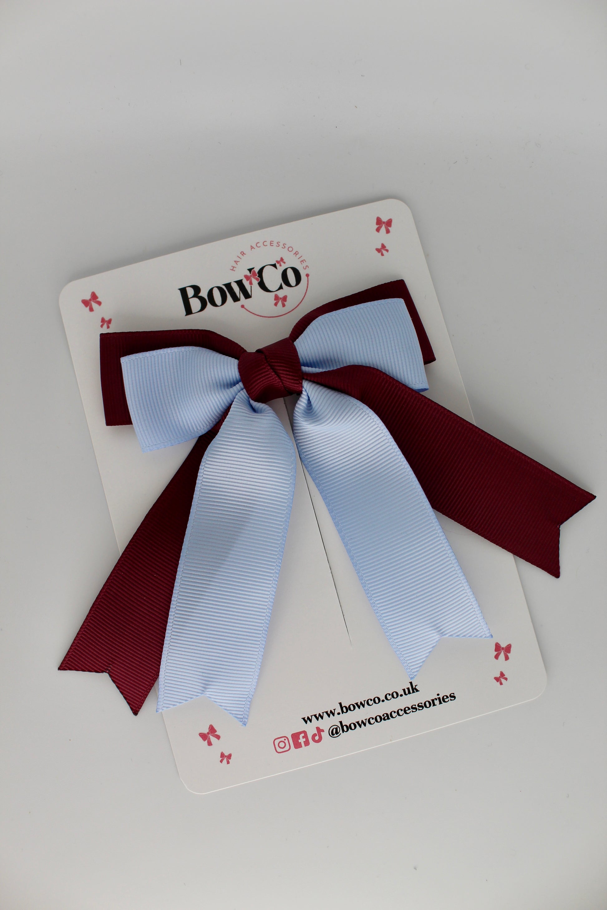 Double Ribbon Tail School Hair Bow – Clip - Bluebell and Brown
