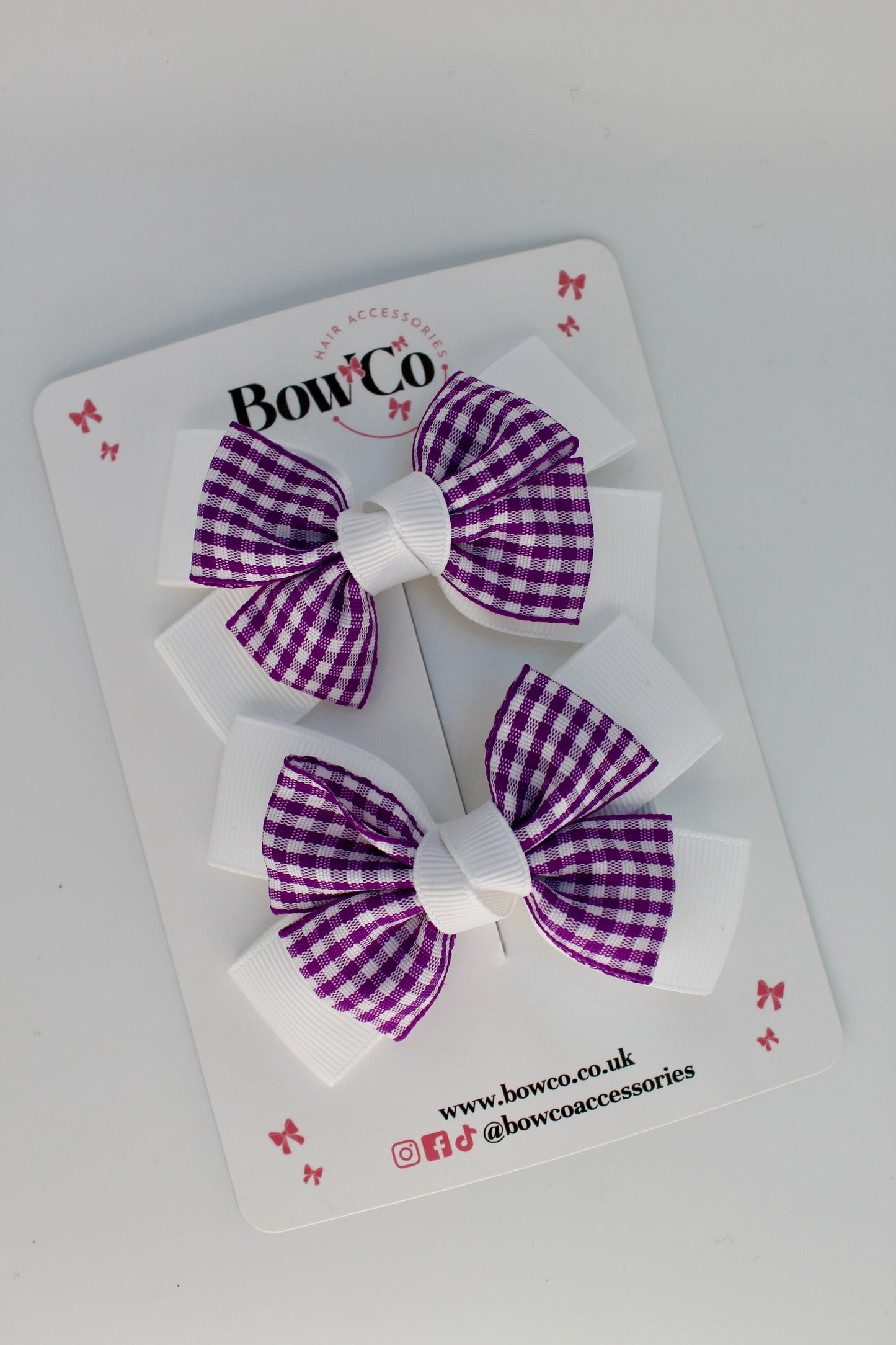 School Purple and White Gingham Layer Bow Set - Clip
