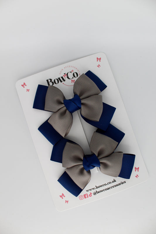 Layer Bow Set - Clip - Navy Blue and Metal Grey
