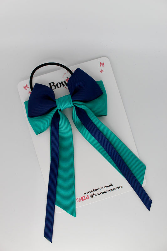 Streamer Tail School Hair Bow – Elastic - Jade Green and Navy Blue