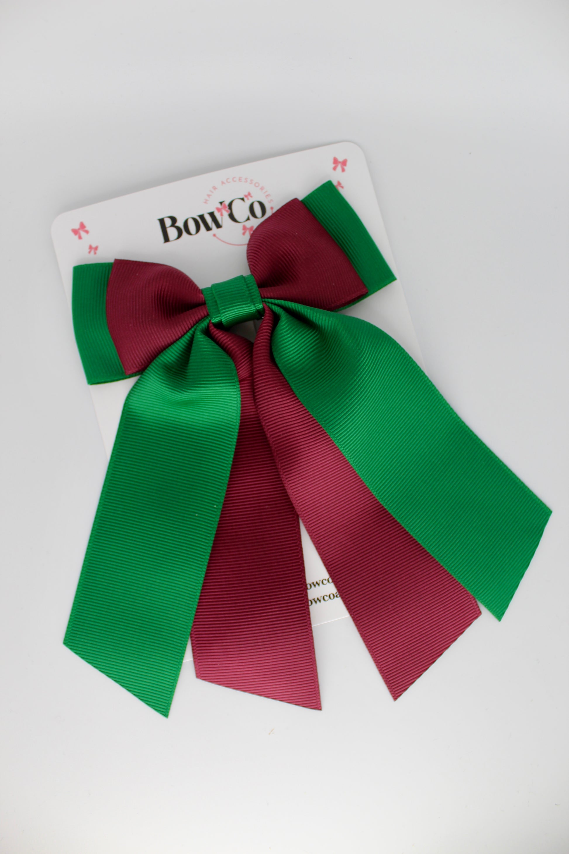 Double Layer Tail Bow - Clip - Forest Green and Burgundy