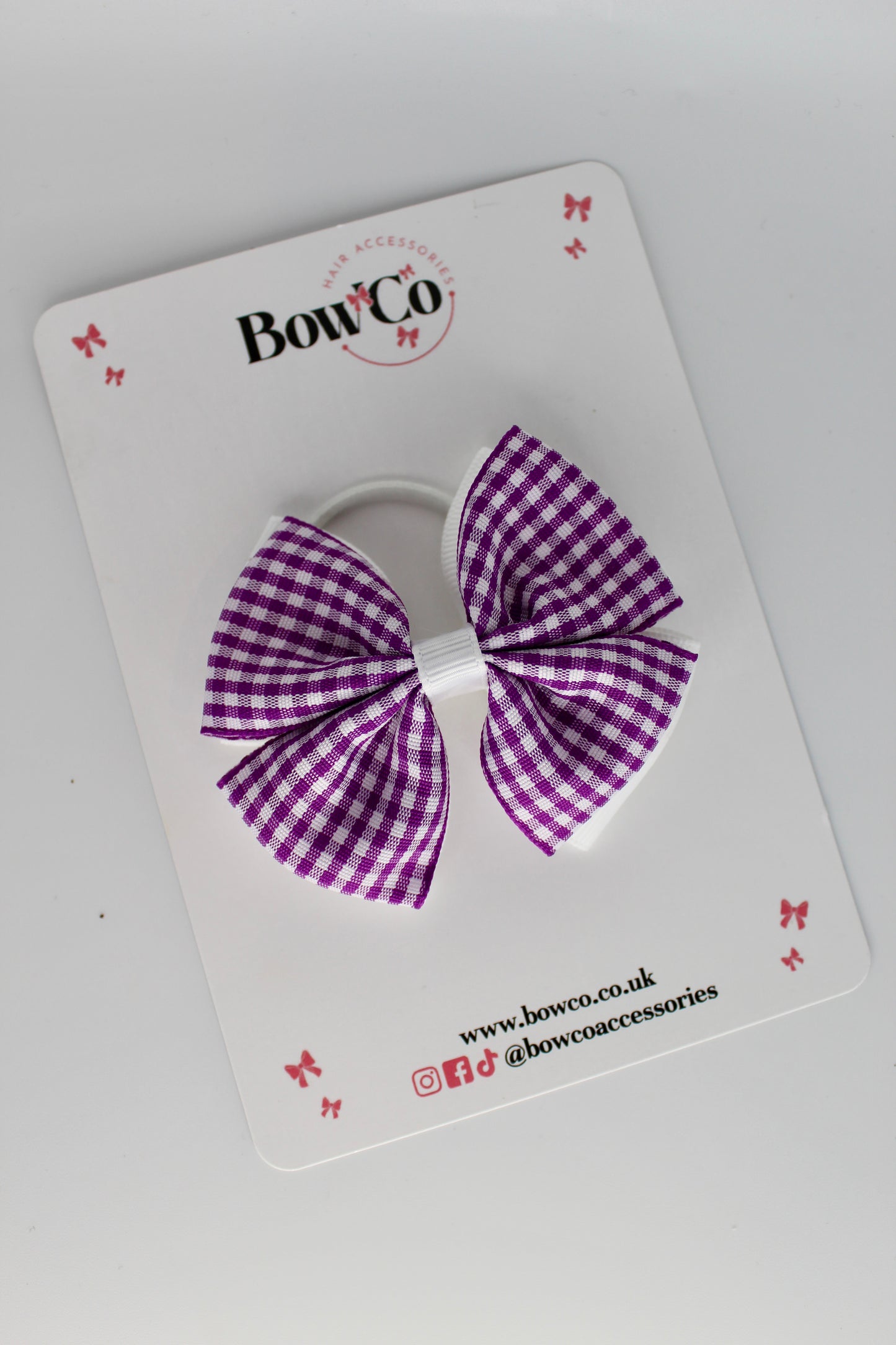 School Purple and White Bow Gingham - Double Layer Bow - Elastic