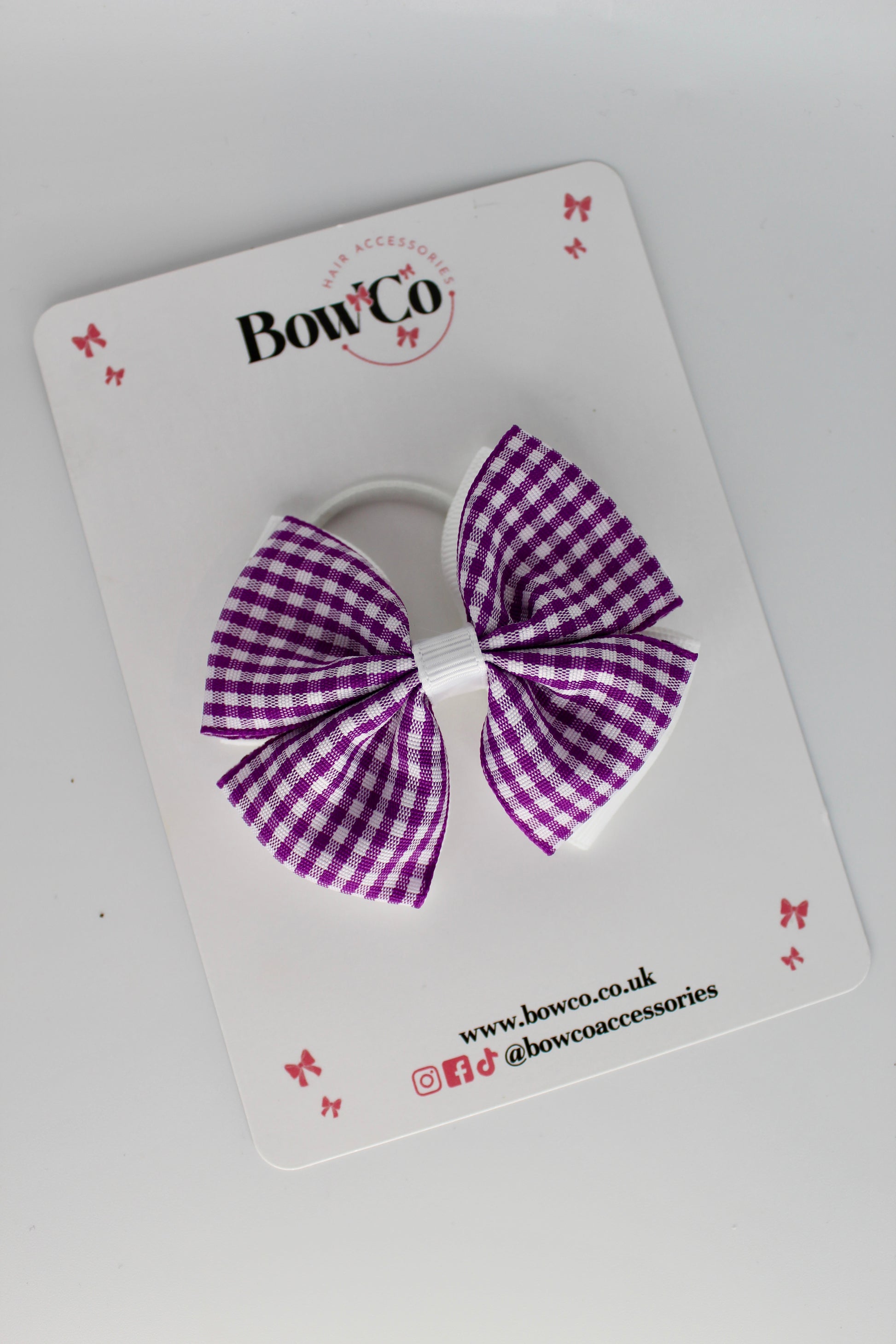 School Purple and White Bow Gingham - Double Layer Bow - Elastic