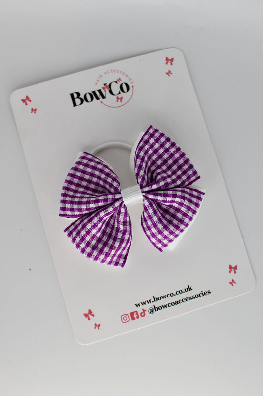 School Purple and White Bow Gingham - Double Layer Bow - Elastic