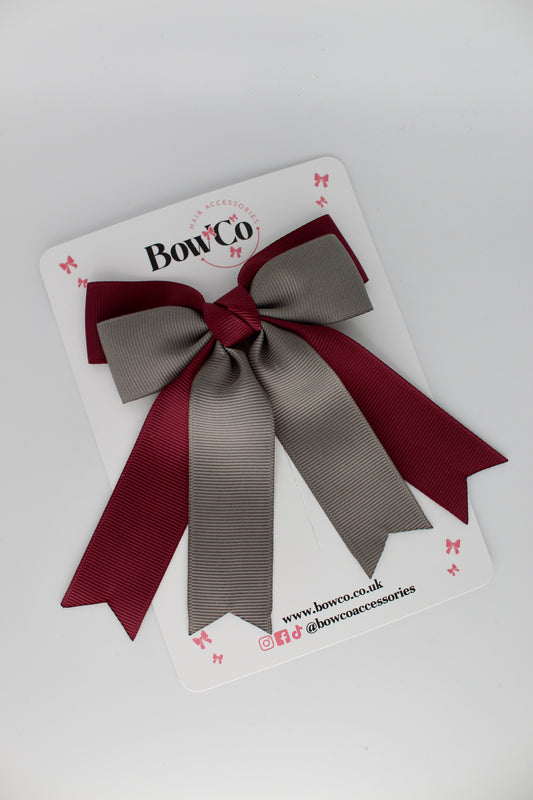 Double Ribbon Tail School Hair Bow – Clip - Burgundy and Metal Grey