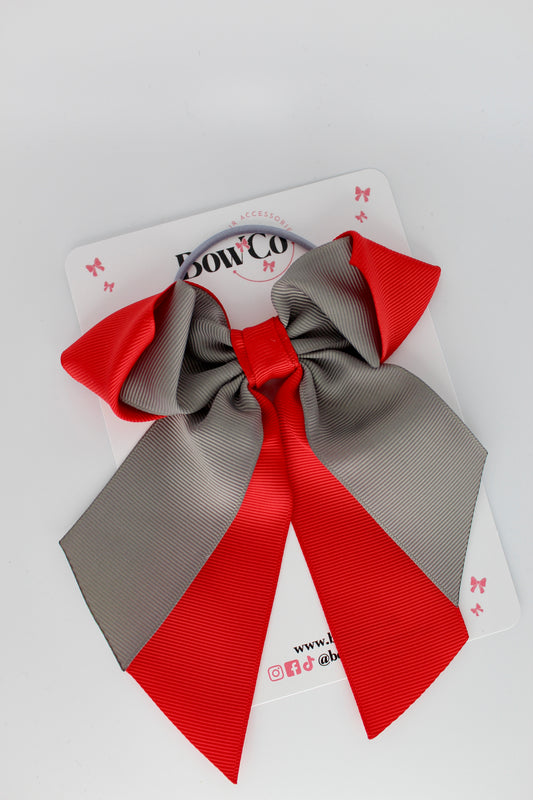 Layer Loop Tail Hair Bow - Elastic - Red and Metal Grey