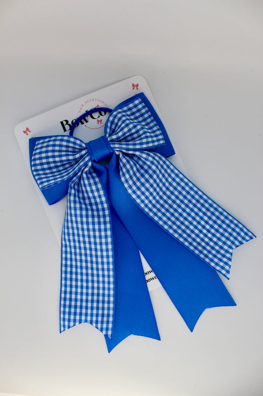 School Bow Royal Blue Gingham Classic Tail Bow - Elastic