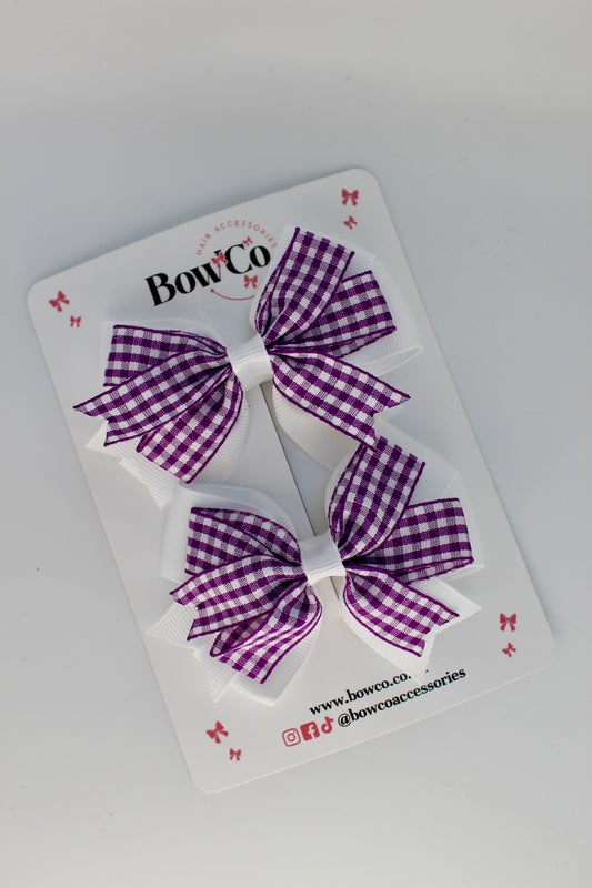 School Purple and White Bow Gingham Double Tail Bow Set - Clip