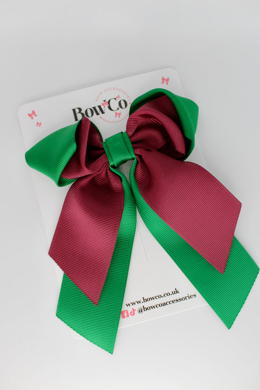 Layer Loop Tail Hair Bow - Clip - Green and Burgundy