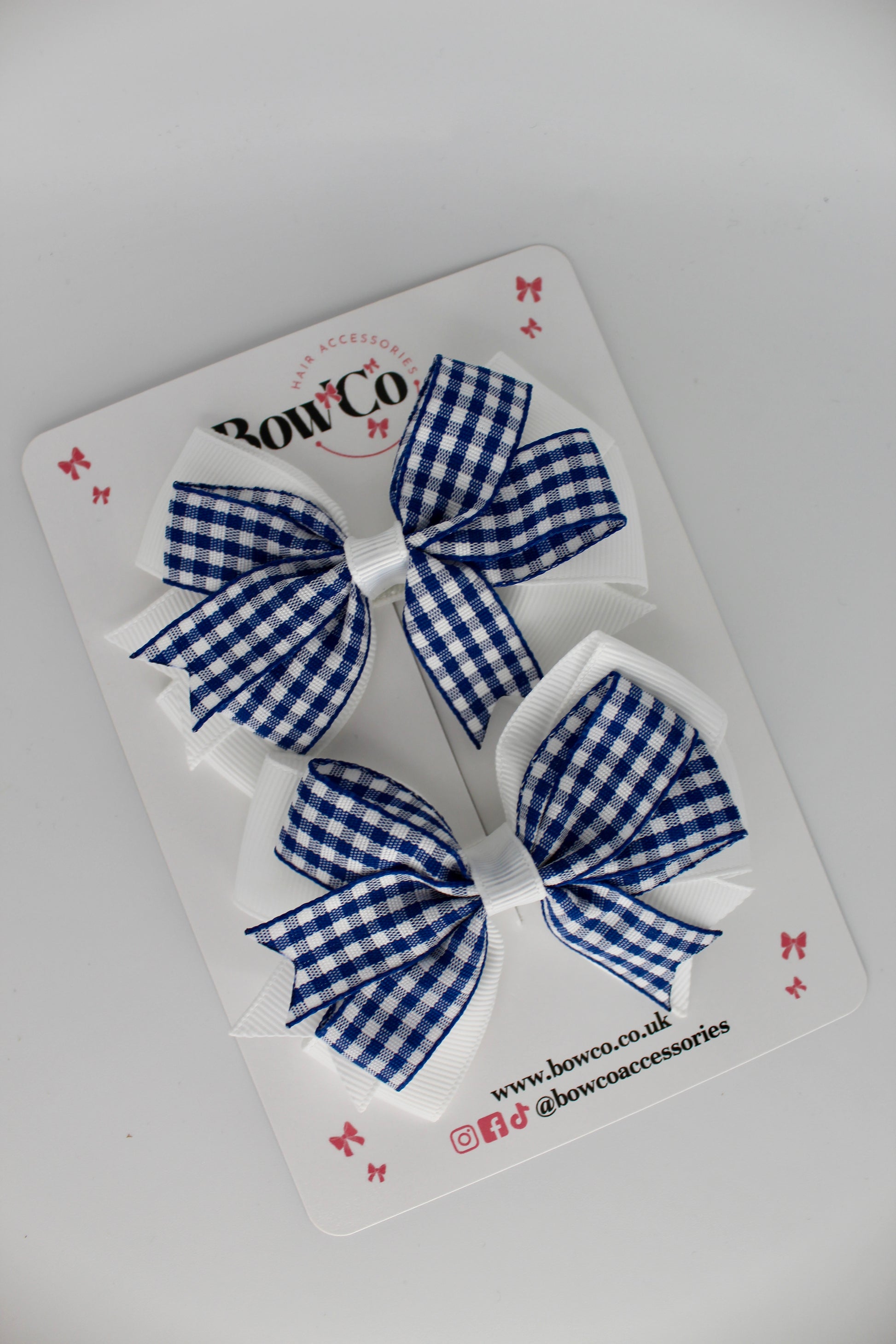 Double Tail Bow Set - Navy Blue Gingham - Clip