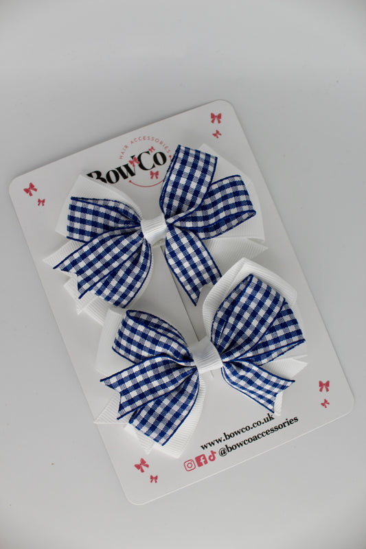 Double Tail Bow Set - Navy Blue Gingham - Clip