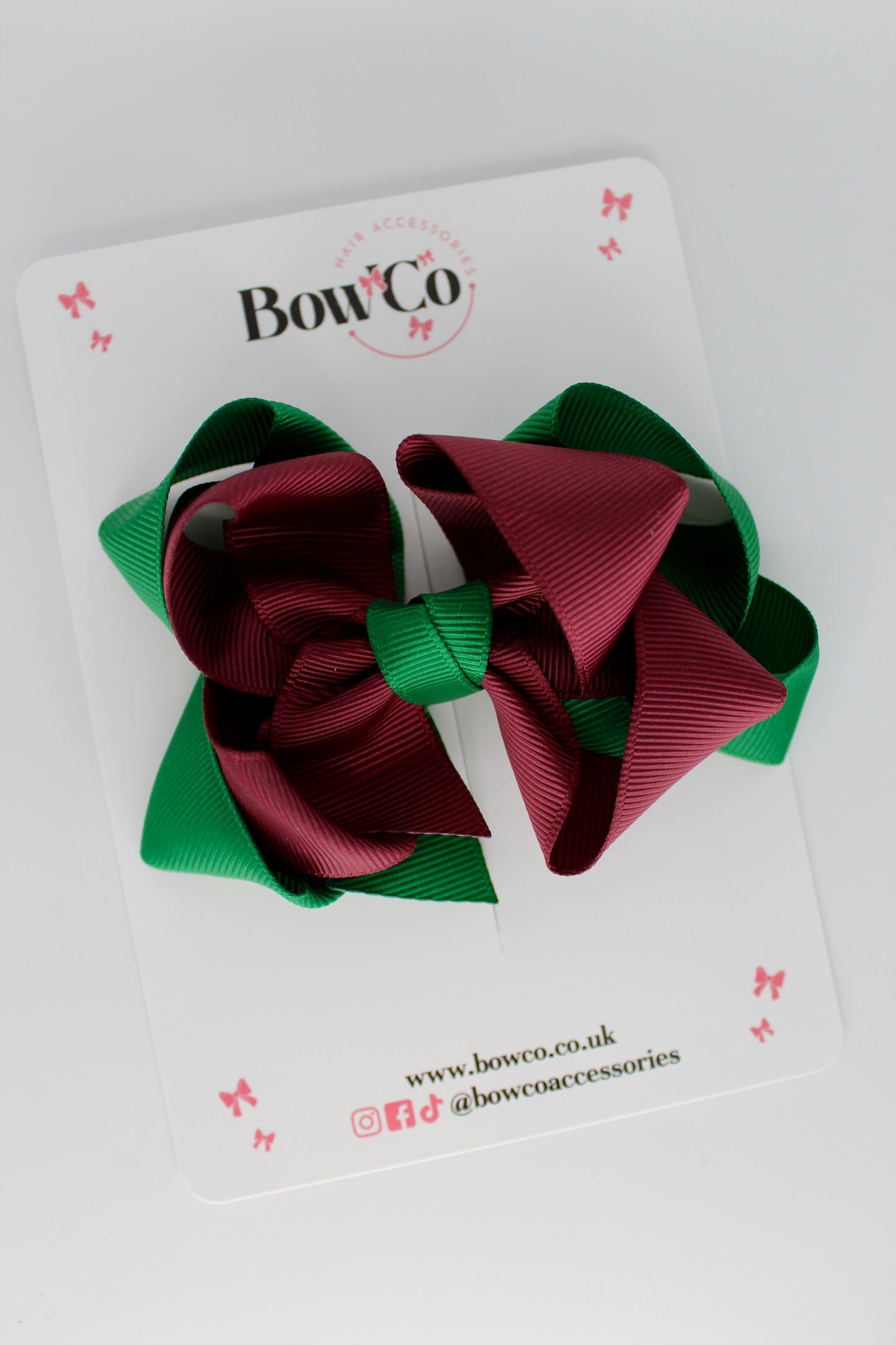 Double Loop School Hair Bow - Clip - Forest Green and Burgundy