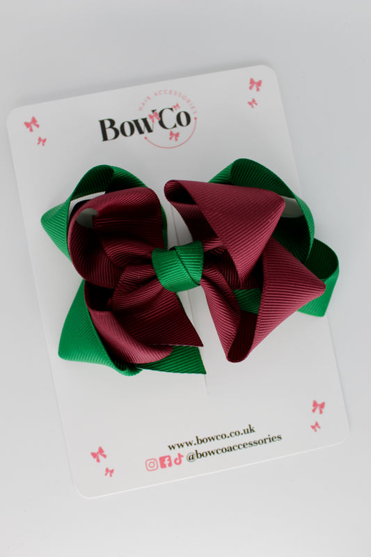 Double Loop School Hair Bow - Clip - Forest Green and Burgundy