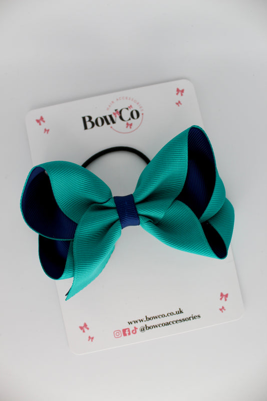 4 Inch Loop Bow - Elastic - Jade Green and Navy Blue