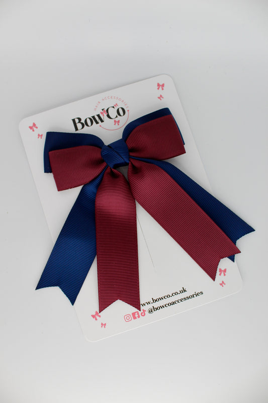 Double Ribbon Tail School Hair Bow – Clip - Navy Blue and Burgundy