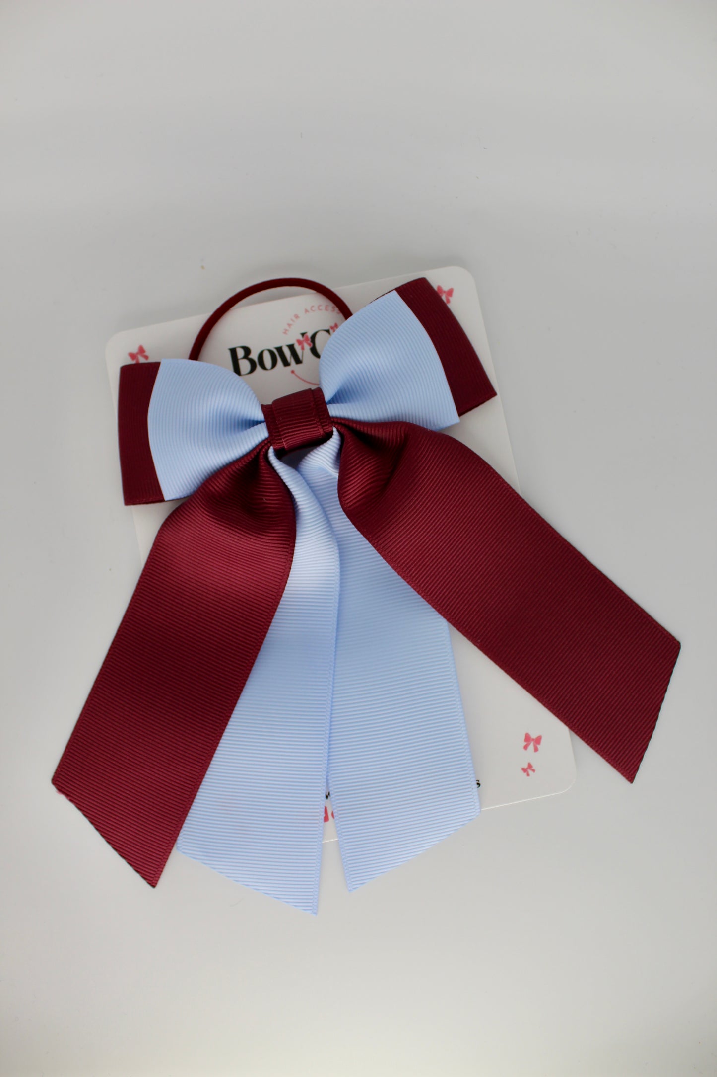 Double Layer Tail Bow – Elastic - Burgundy and Bluebell