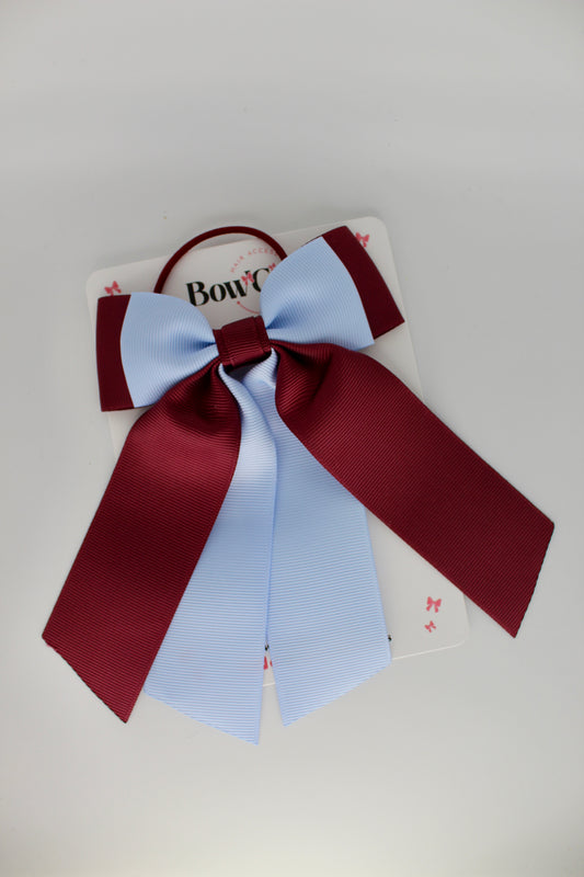Double Layer Tail Bow – Elastic - Burgundy and Bluebell