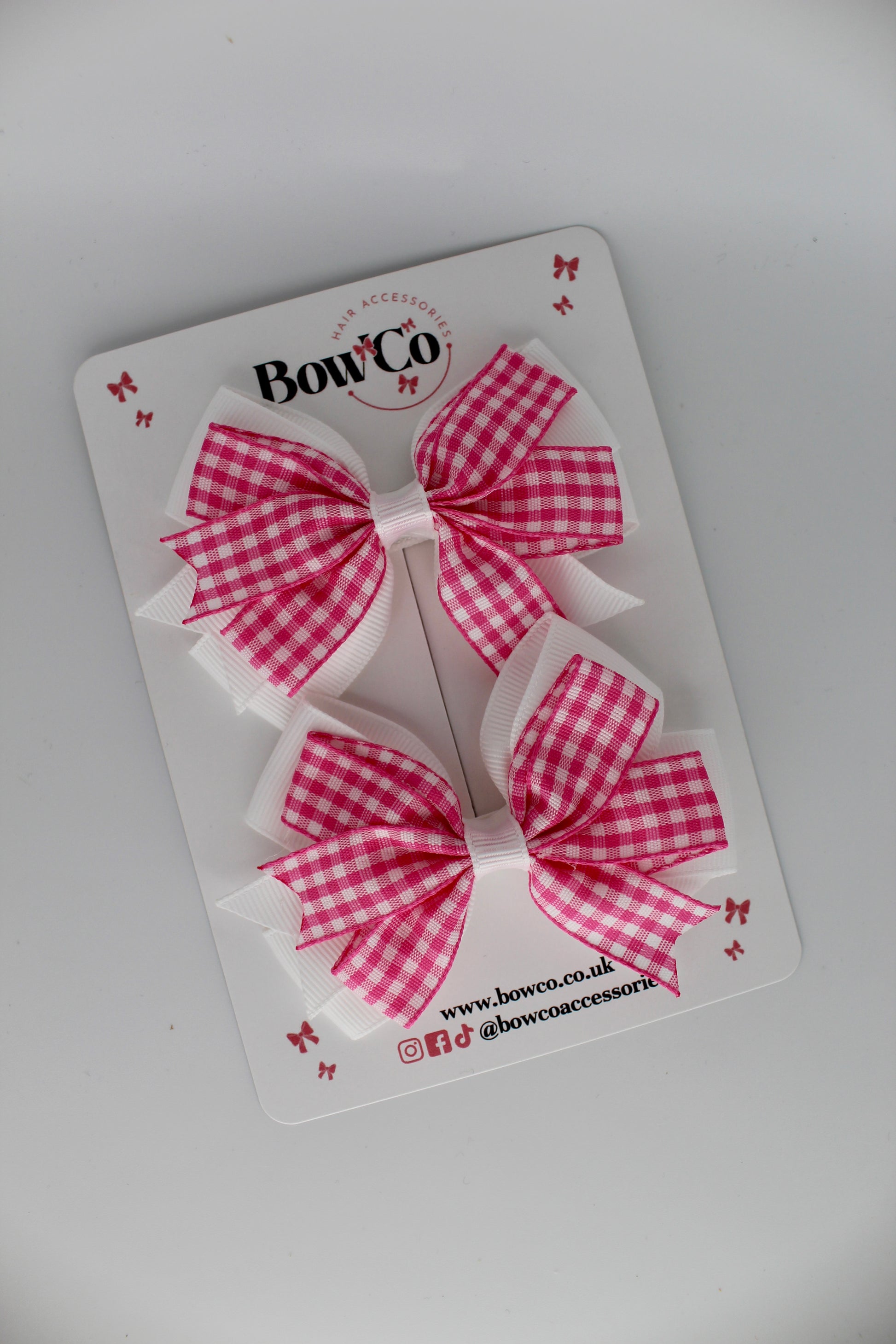 Double Tail Bow Set - Pink Gingham - Clip