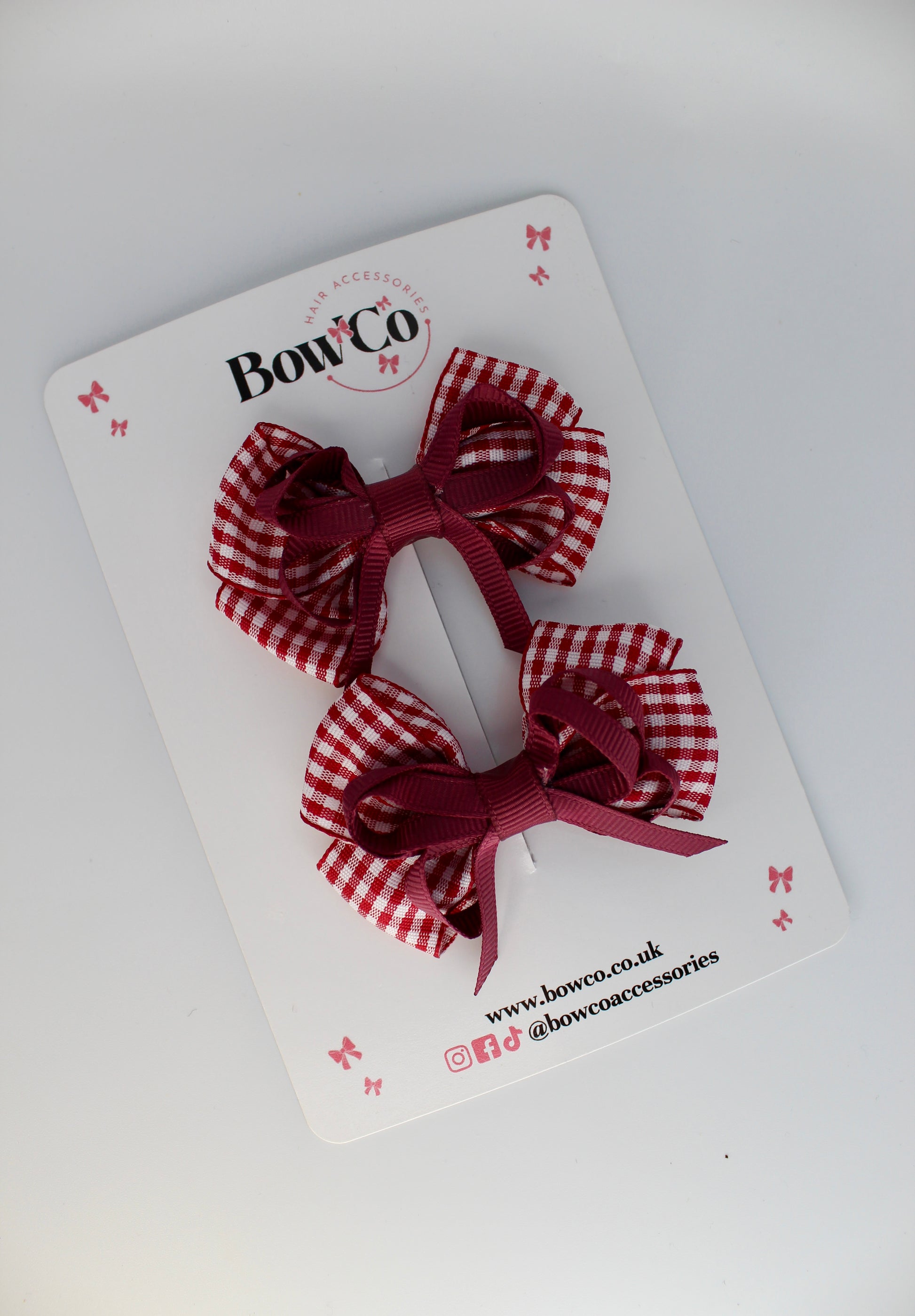 School Burgundy Gingham Double Bow Set - Clip