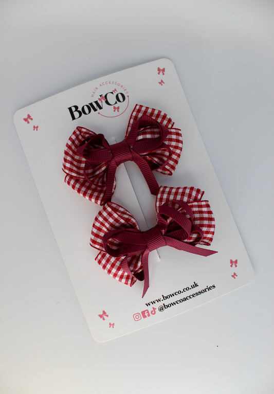 School Burgundy Gingham Double Bow Set - Clip