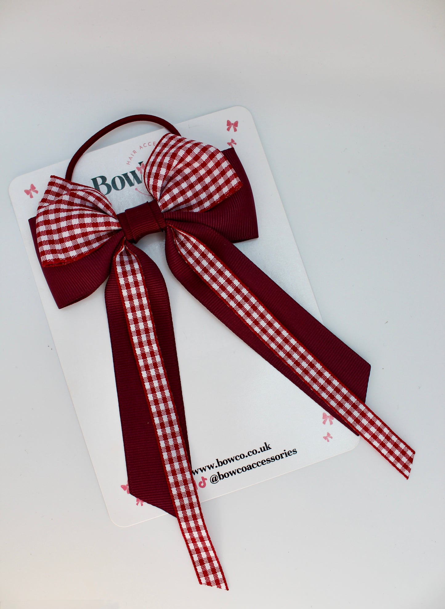 Streamer Tail School Hair Bow - Burgundy Gingham - Elastic