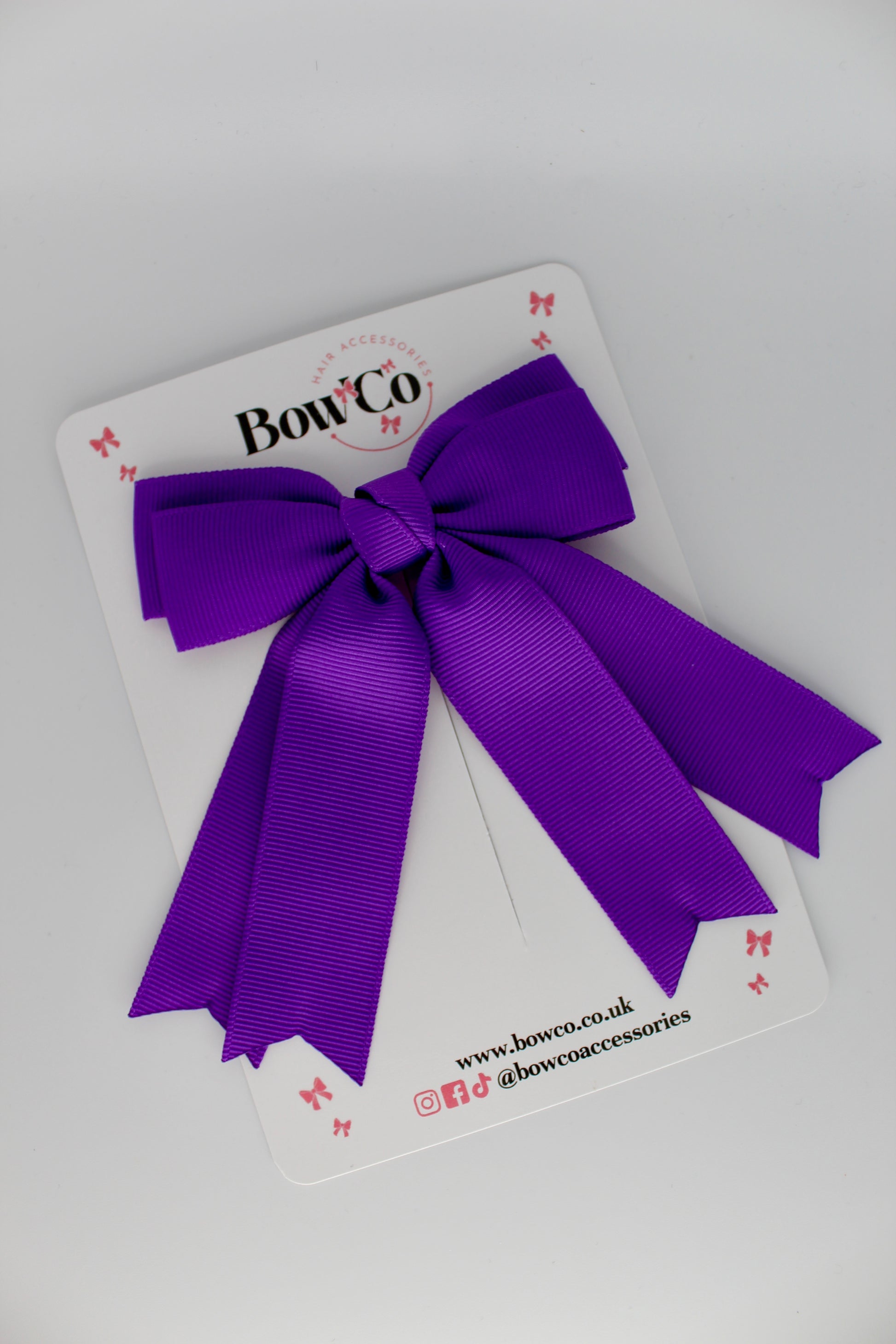 Double Ribbon Tail School Hair Bow – Clip - Purple