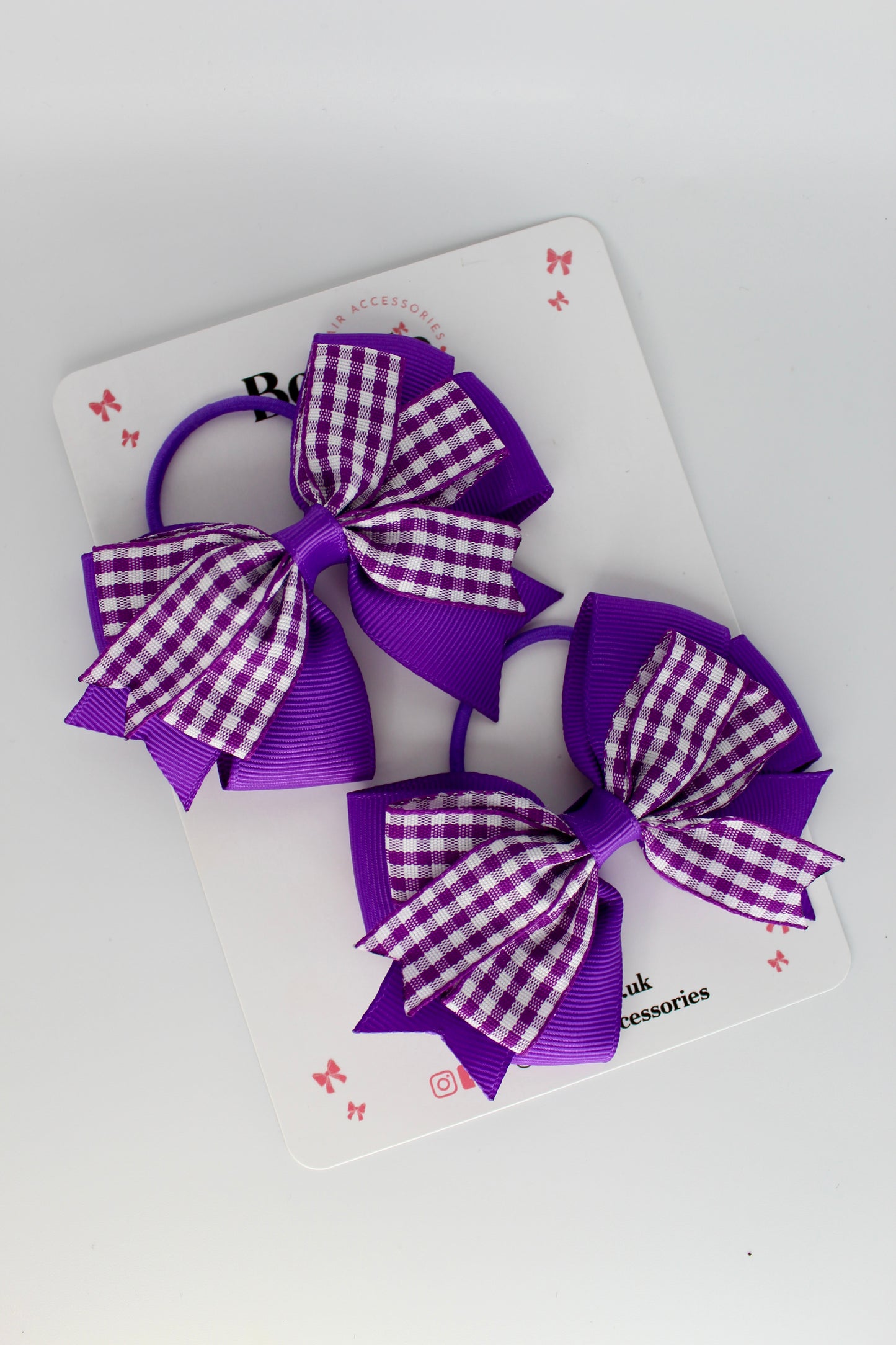 School Purple Bow Gingham - Double Tail Bow Set - Elastic