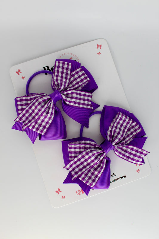 School Purple Bow Gingham - Double Tail Bow Set - Elastic