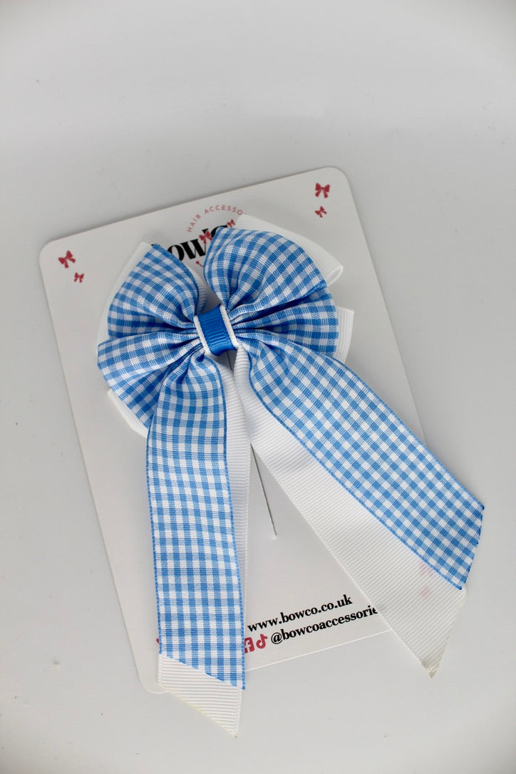 Layer Tail Edge Bow - Light Blue Gingham - Elastic