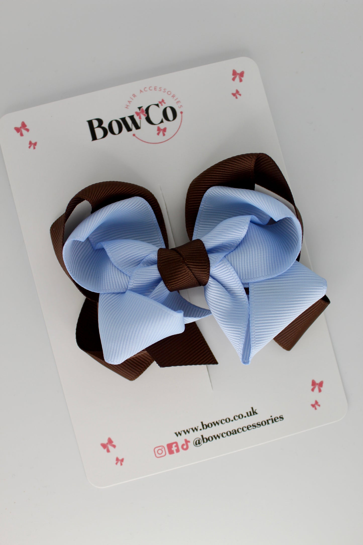 Double Loop School Hair Bow - Clip - Brown and Bluebell